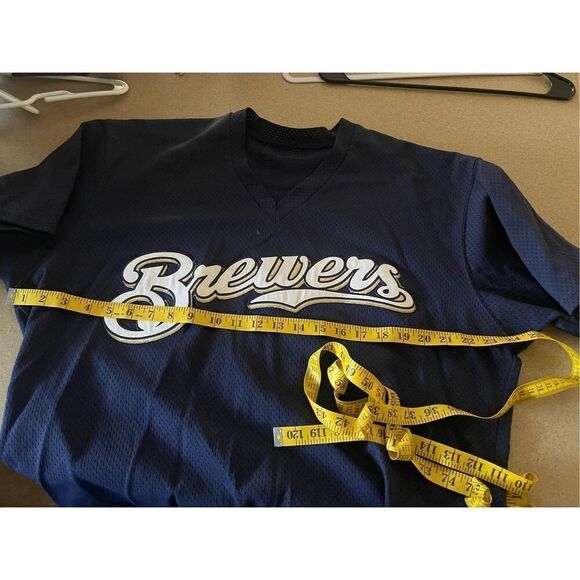 Majestic MLB Mens Blue Milwaukee Brewers Baseball Mesh Jersey Pullover Size 46 - Picture 9 of 9